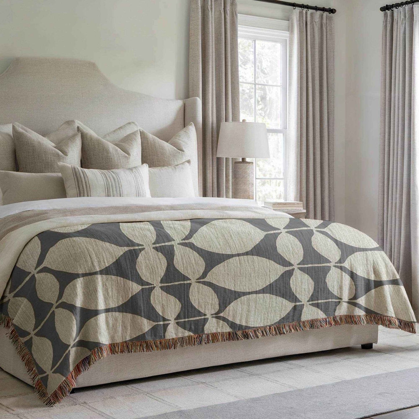 Modern Geometric woven blanket with geometric pattern styled for layered home decor