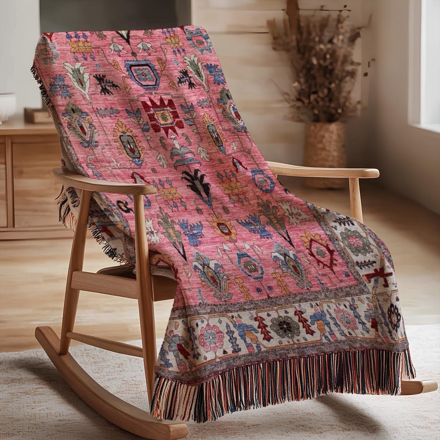 Anatolian Inspired woven blanket with rug-style pattern styled for layered home decor