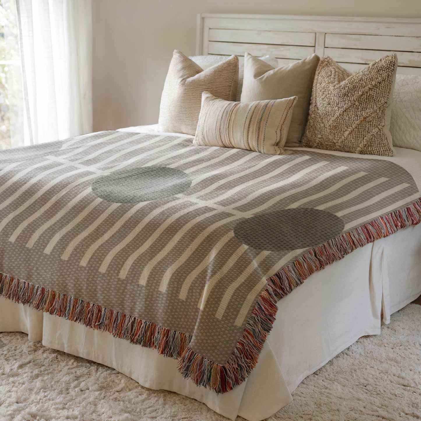 Olive Green Woven Throw - Cozy Blanket With Geometric Lines, Warm Cotton