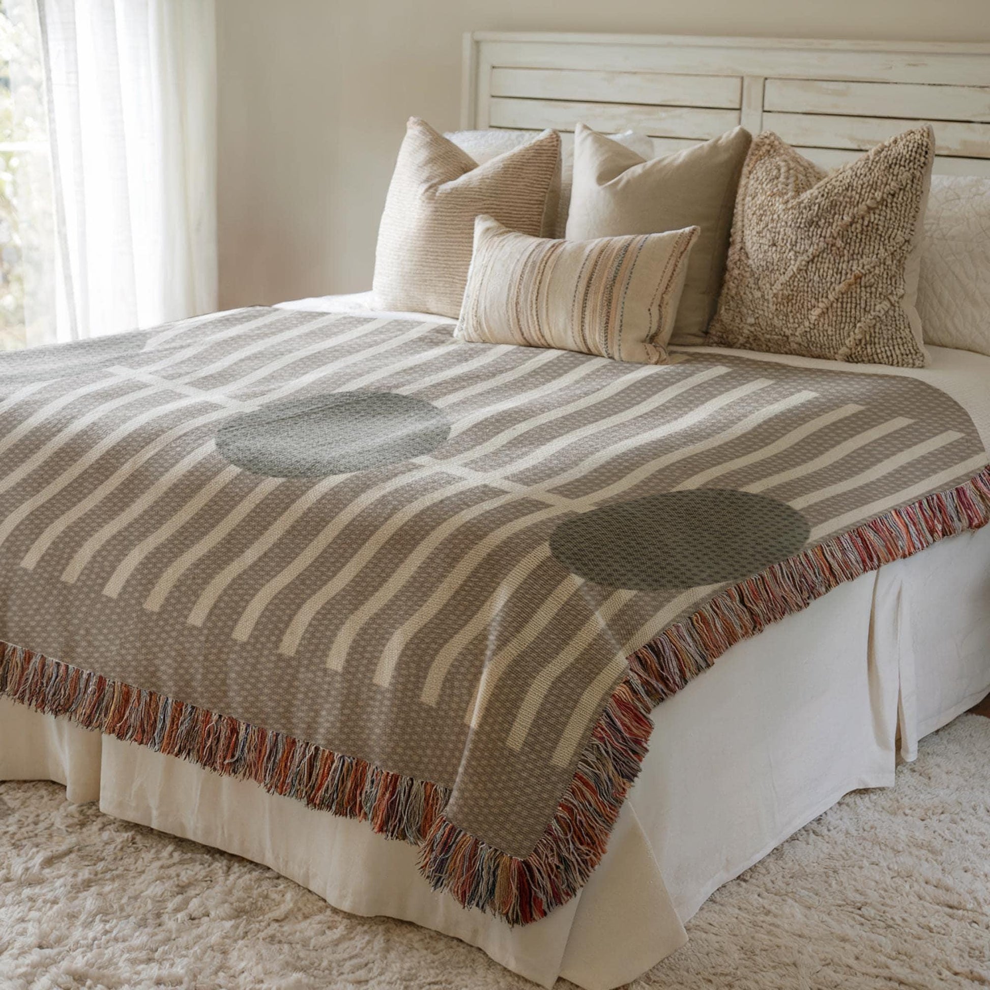 Olive Green Woven Throw - Cozy Blanket With Geometric Lines, Warm Cotton