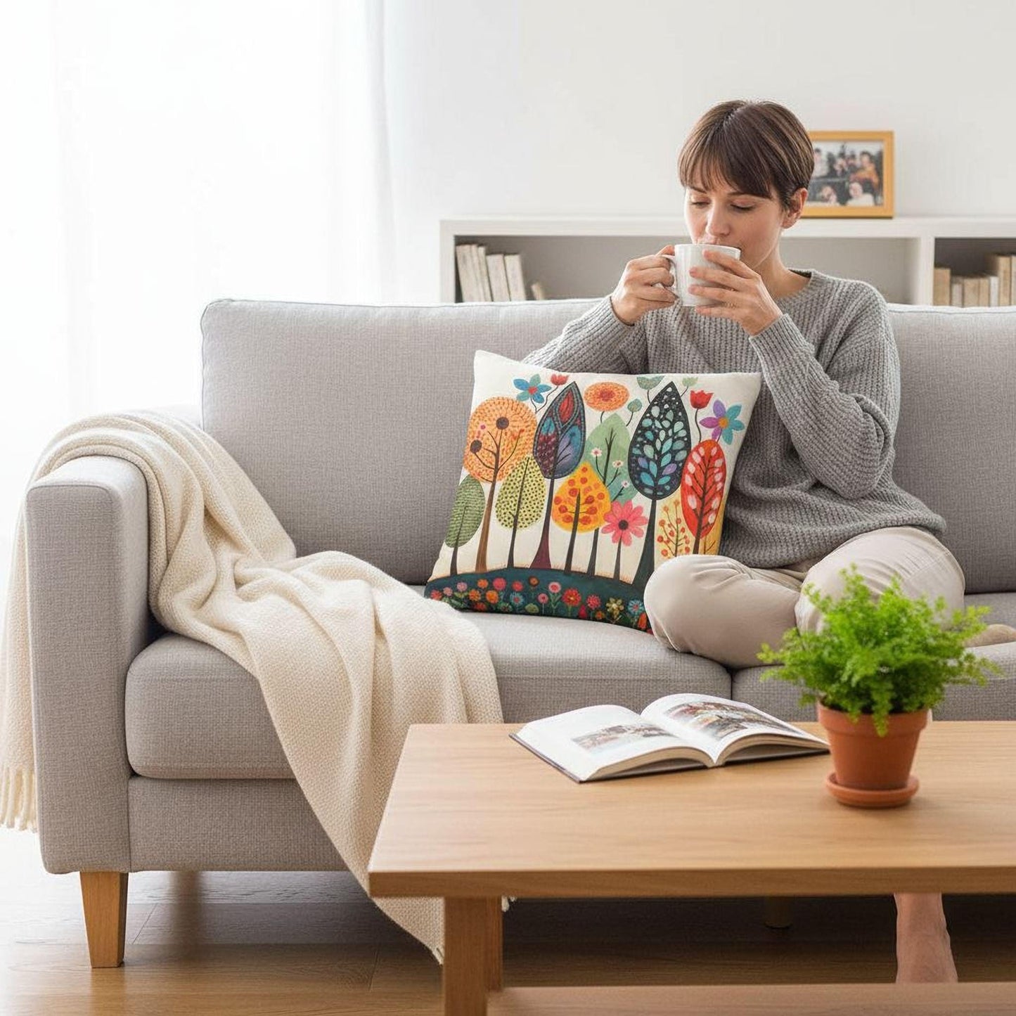 Scandinavian Inspired pillow cover with woven pattern styled on a sofa or bed
