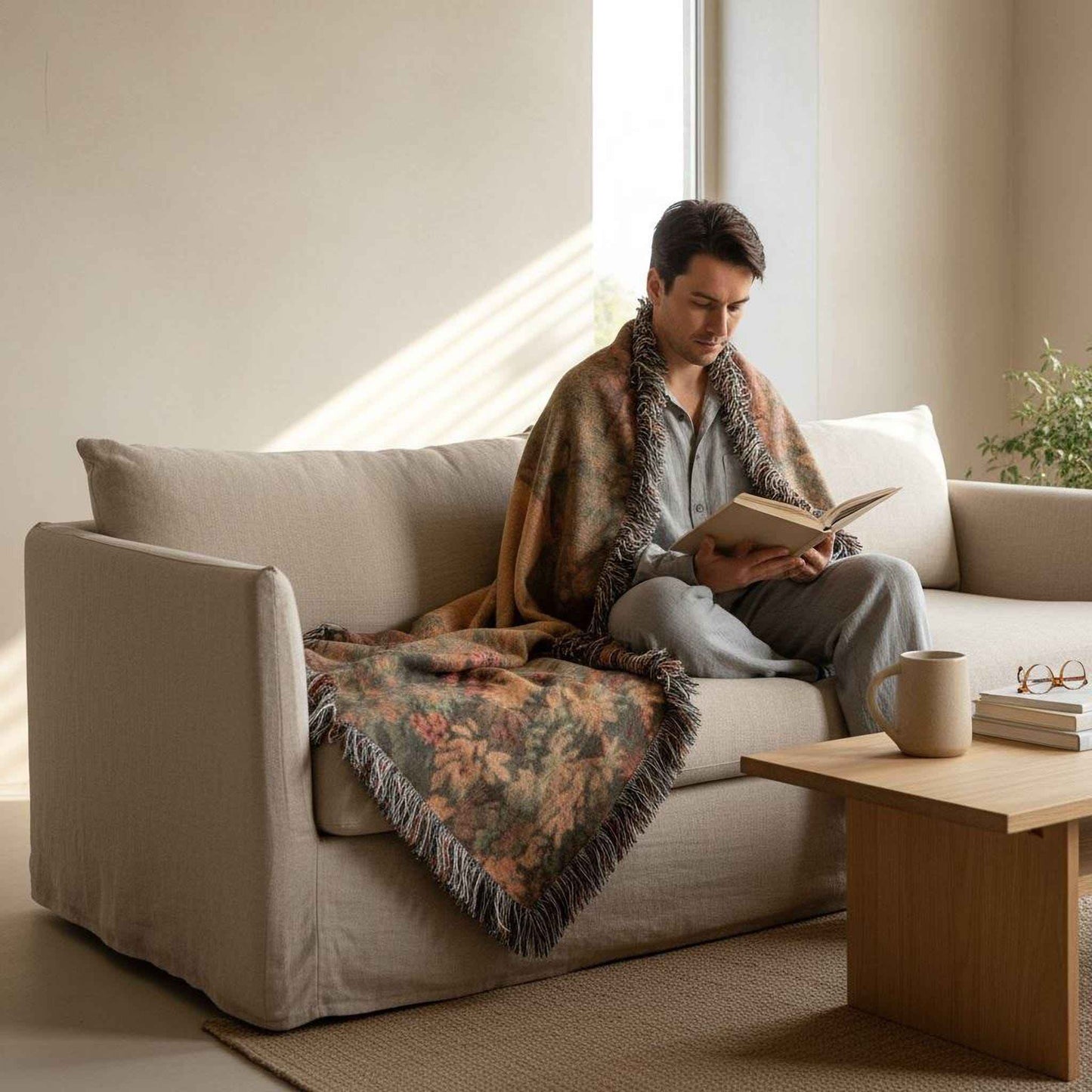 Modern Geometric woven blanket with geometric pattern styled for layered home decor