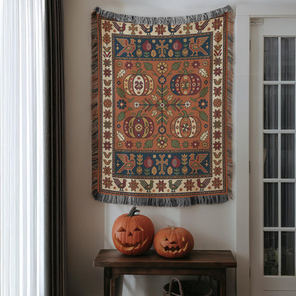 Rust and navy Armenian woven blanket hung on a wall above two carved pumpkins