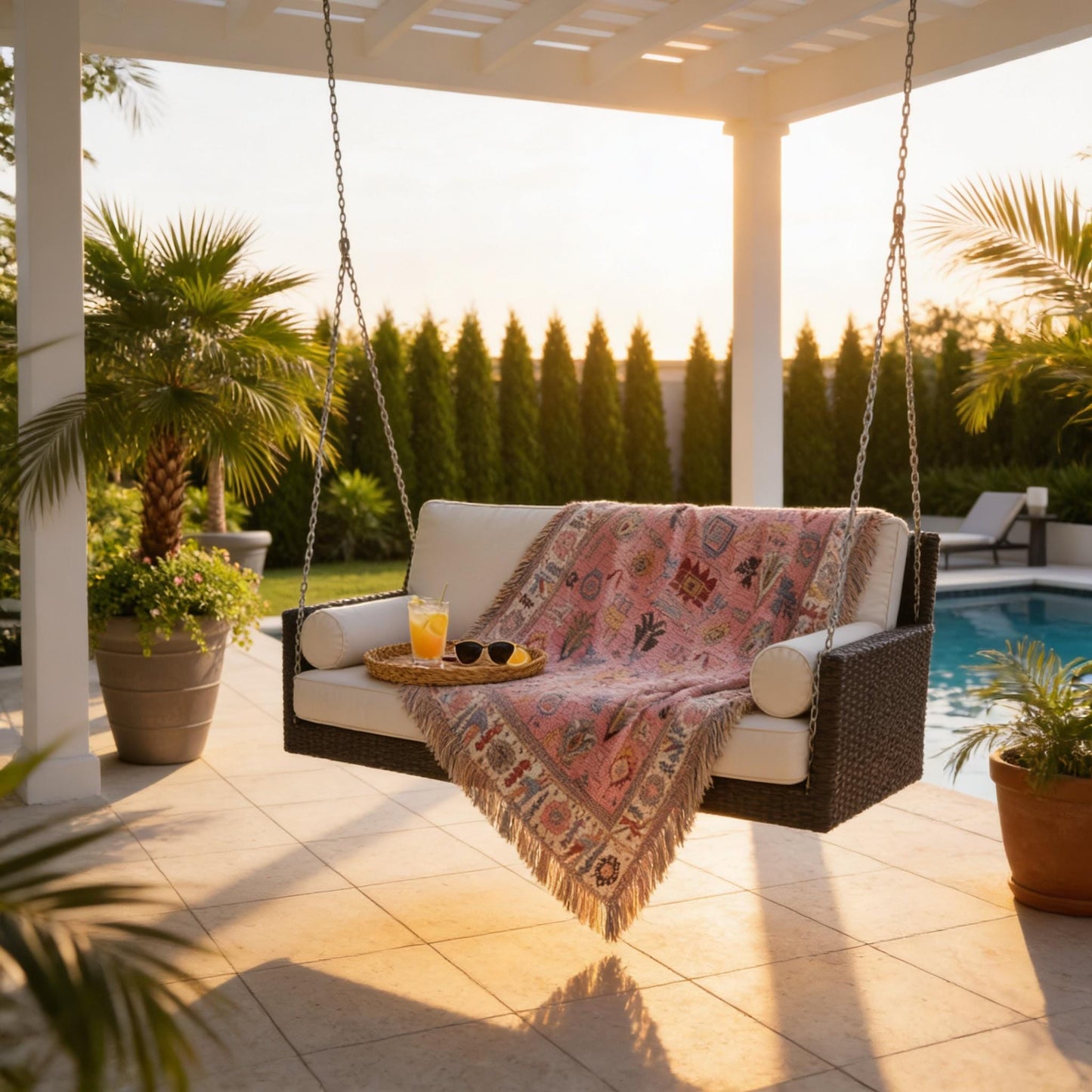 Anatolian Inspired outdoor woven throw blanket with rug-style pattern for patio styling