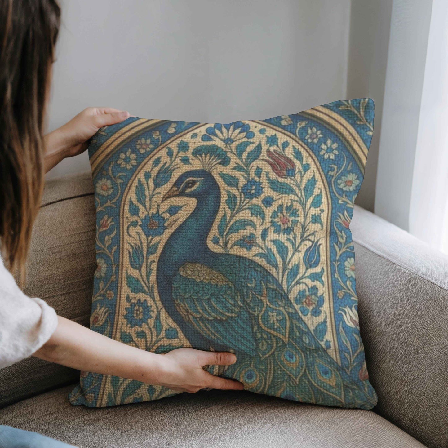 Modern Geometric throw pillow with geometric pattern styled on a sofa or bed