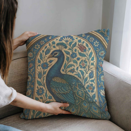 Modern Geometric throw pillow with geometric pattern styled on a sofa or bed
