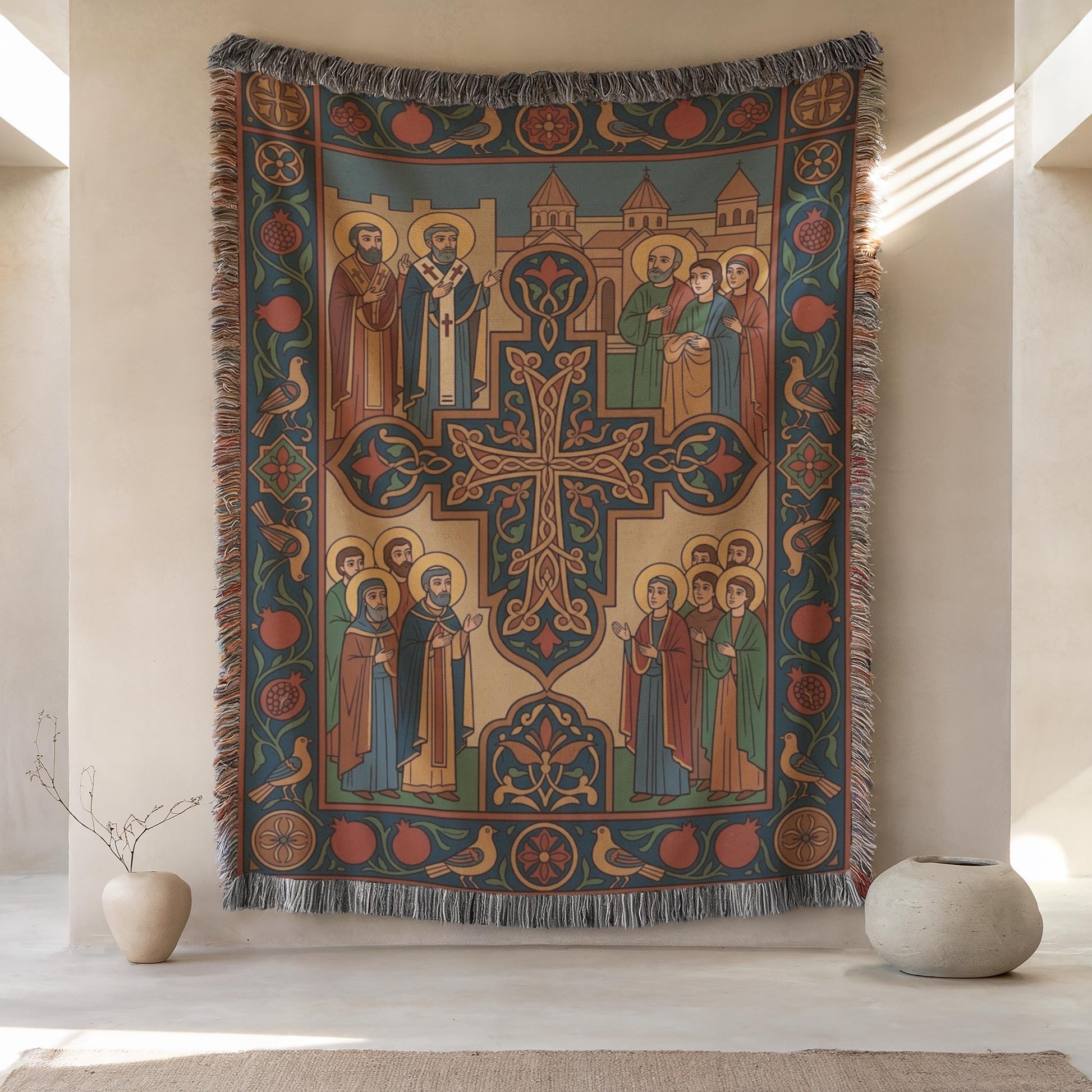 Frontal view of Armenian cross tapestry over neutral floor, saints and church figures in teal and ochre