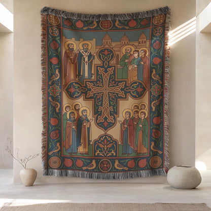 Frontal view of Armenian cross tapestry over neutral floor, saints and church figures in teal and ochre