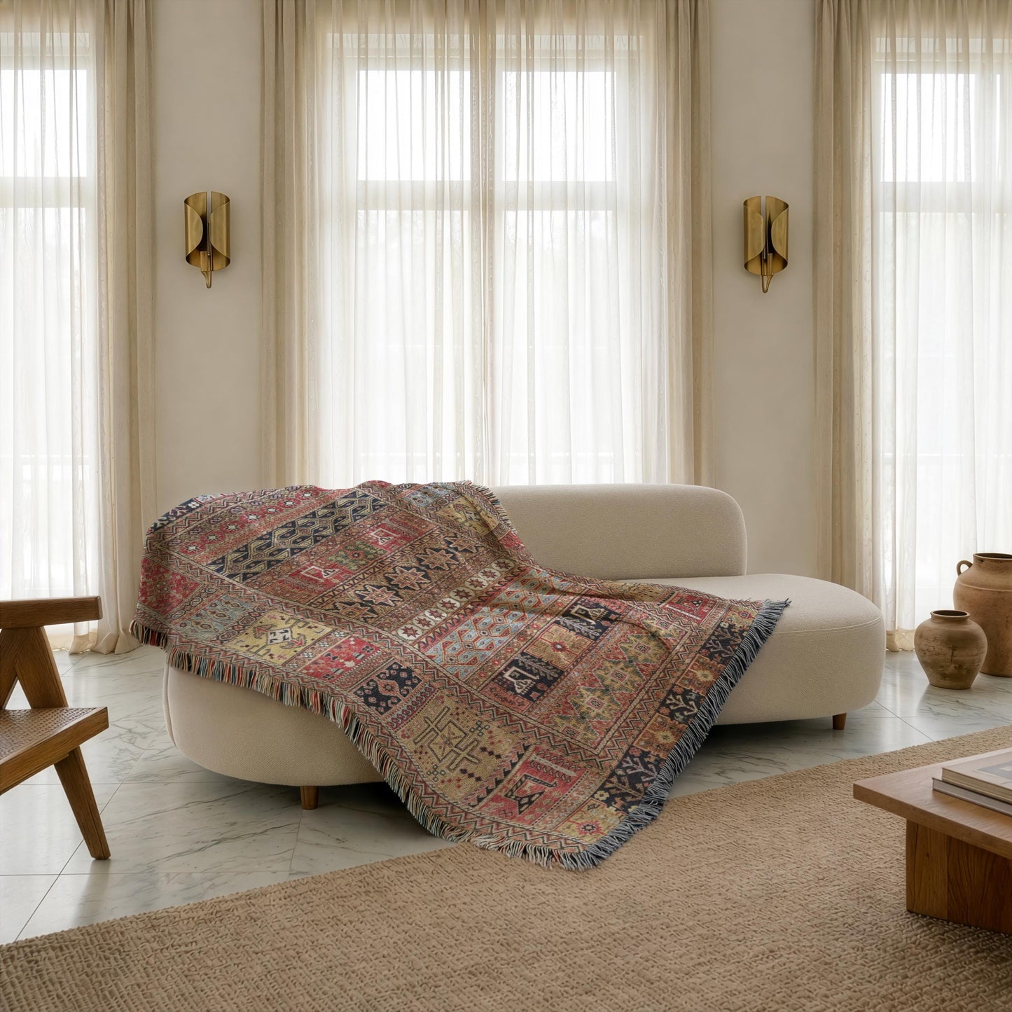 Caucasian Rug Inspired woven blanket with geometric pattern styled for layered home decor