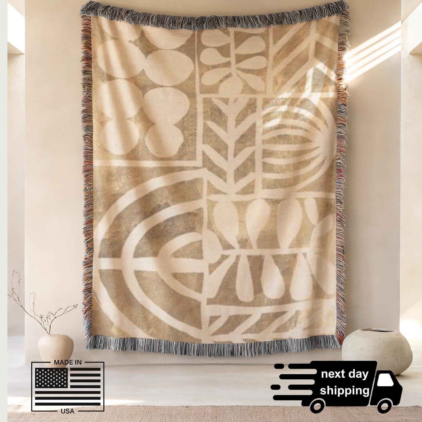 Modern Geometric woven wall tapestry with geometric pattern styled as textile wall decor