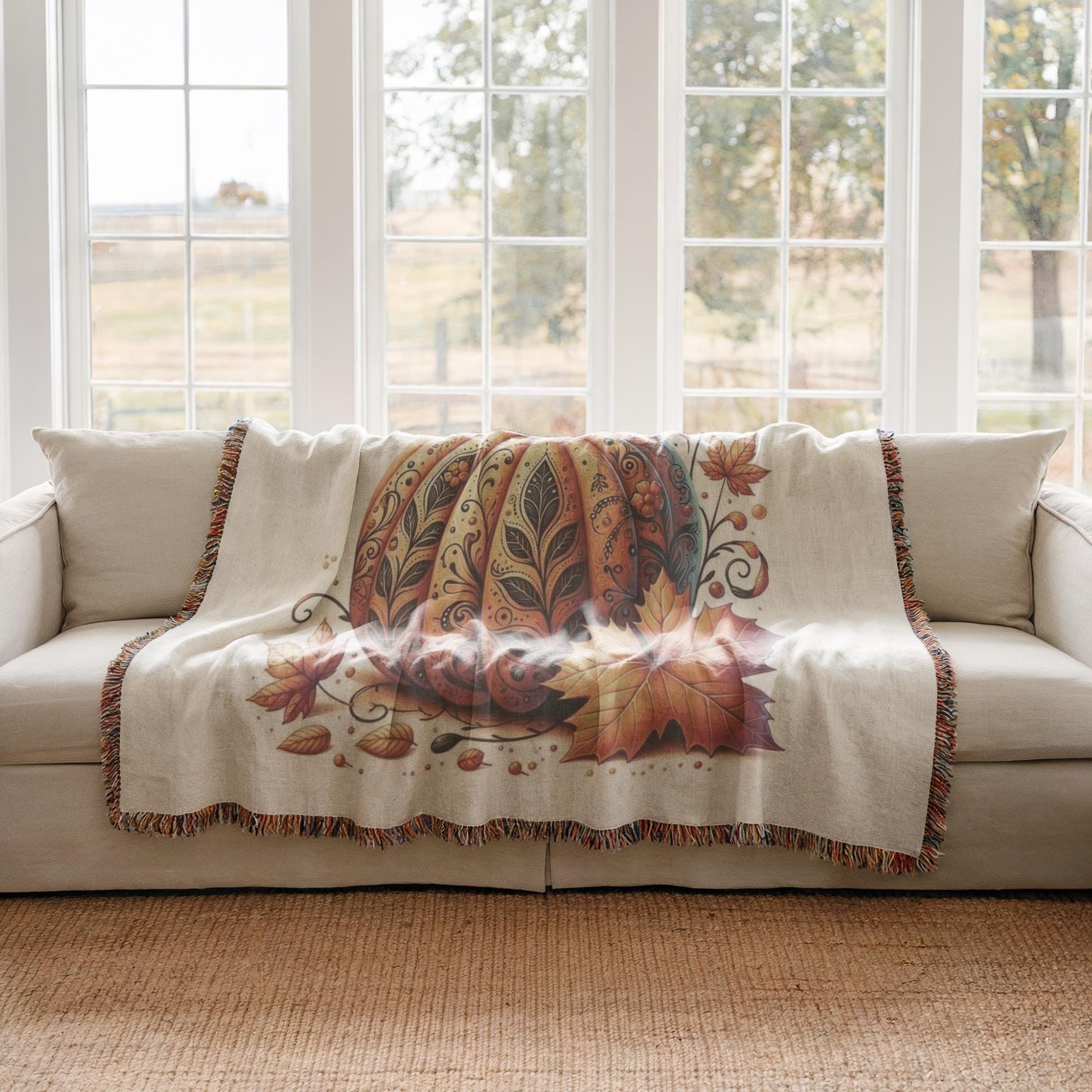 Thanksgiving Woven Blanket – Cozy Throw Blanket with Tattooed Pumpkin Design, Fringed Edge