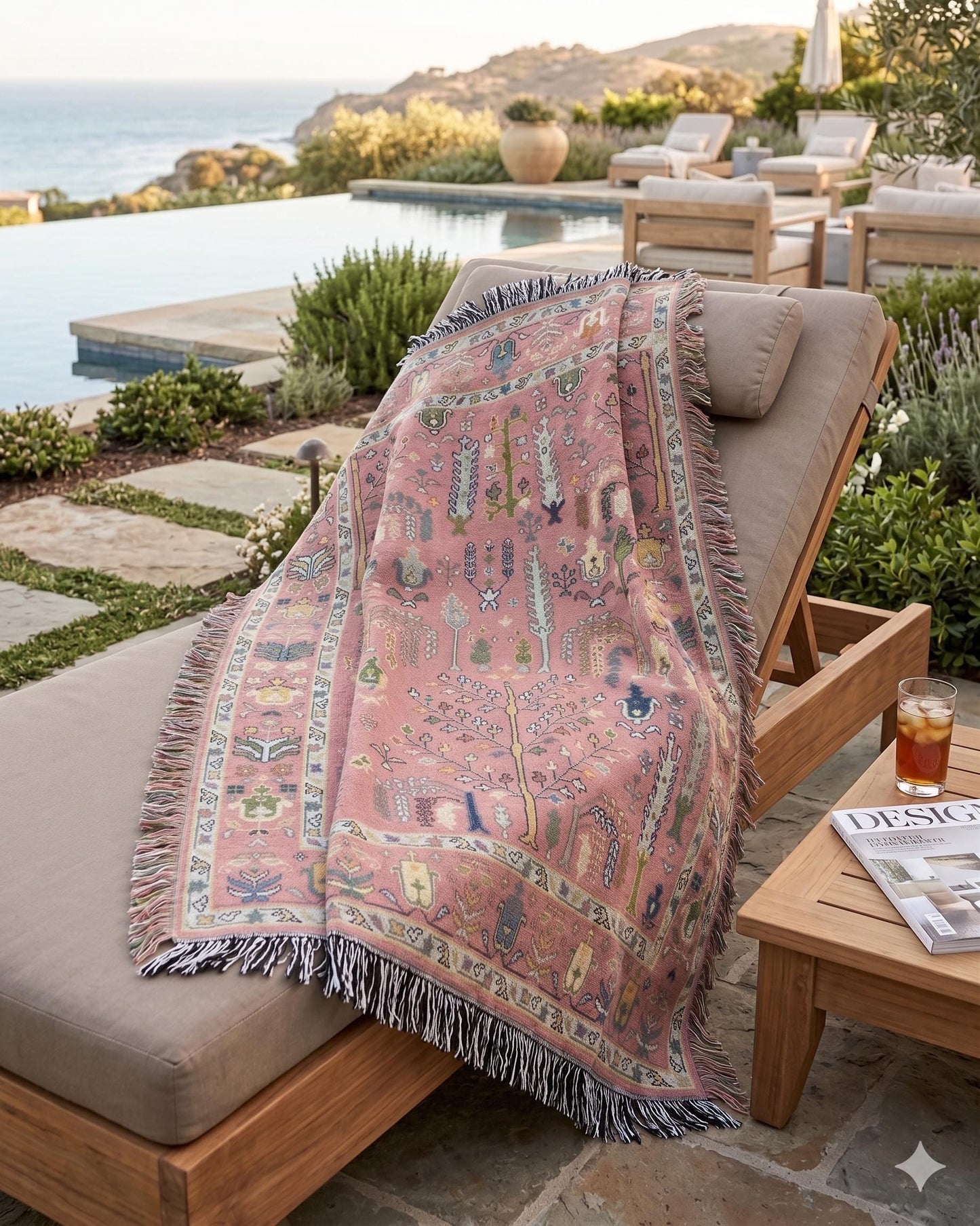 Anatolian Inspired outdoor woven throw blanket with rug-style pattern for patio styling
