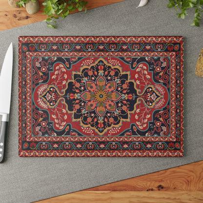 Armenian carpet glass cutting board in deep red and navy with a rosette medallion