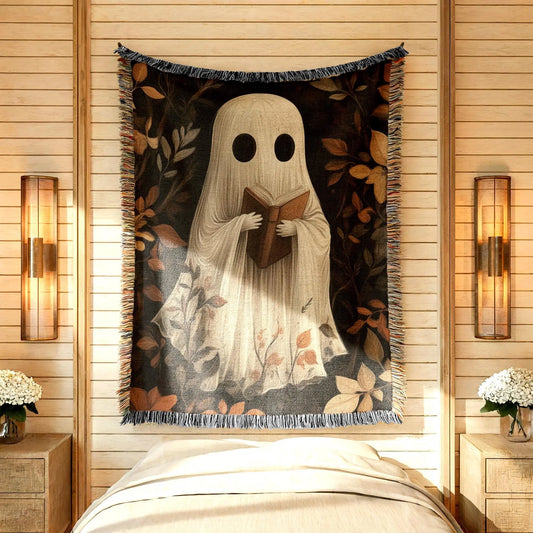 Cute Ghost Blanket – Cozy Fall Throw with Reading Ghost Decor | Cotton Fabric, Fringed Edge