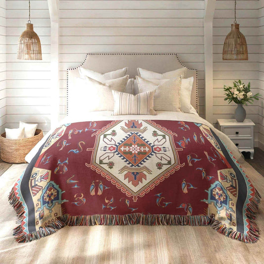 Anatolian Throw Blanket – Ethnic Woven Cotton Couch Cover with Armenian Alphabet - timelessbohochic.com