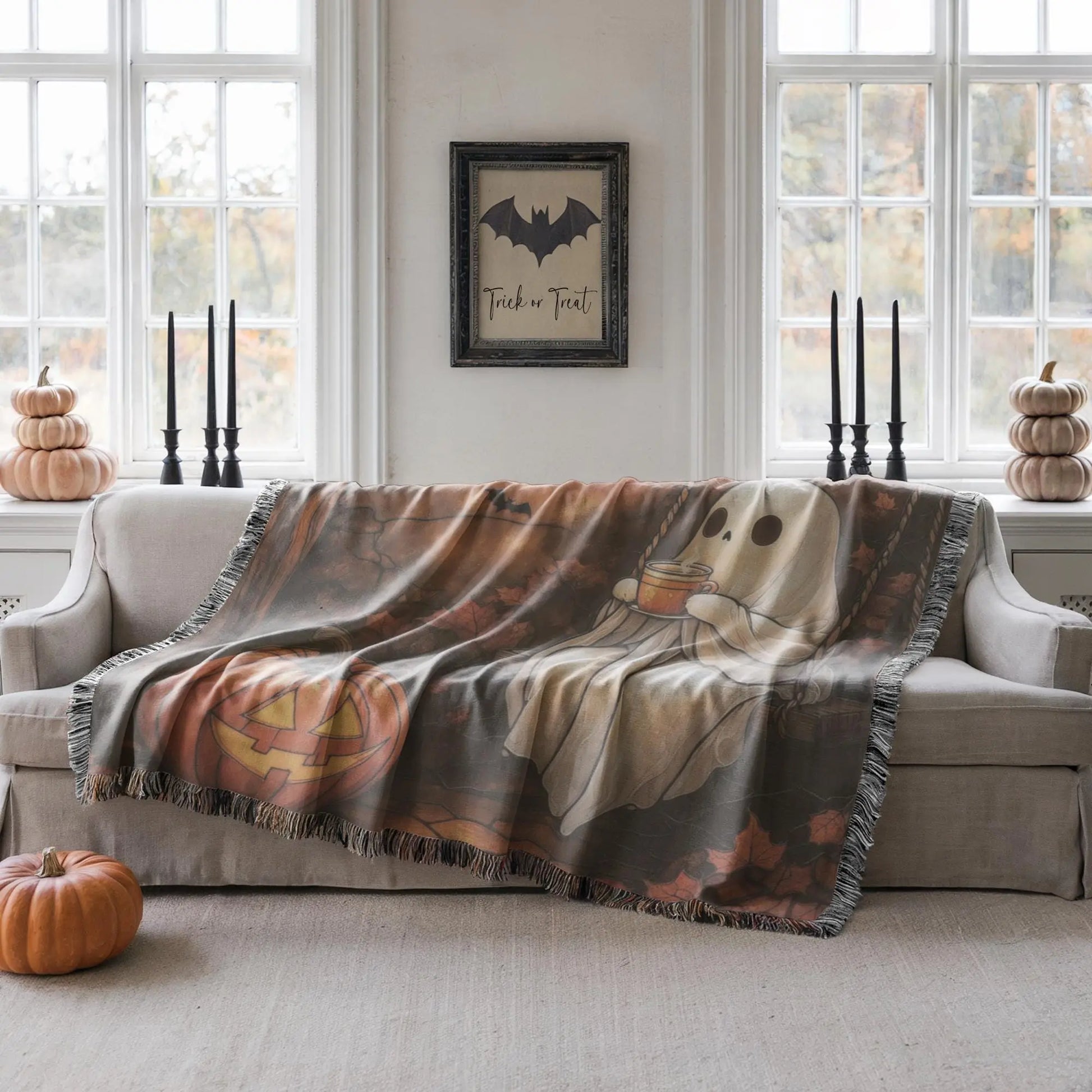 Halloween Throw Blanket - Cozy Woven Cotton Fabric Lap Blanket With Pumpkin Moon Design