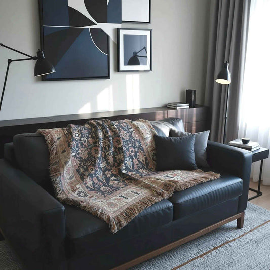 Anatolian Inspired woven blanket with geometric pattern styled for layered home decor