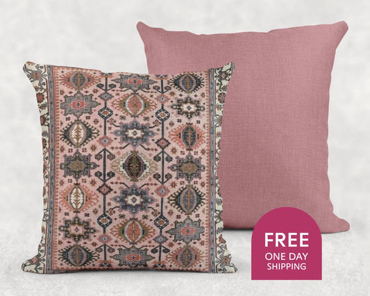 Anatolian Rug Pillow - Boho Throw Pillow with Pink Blue Cushion & Unique Pattern