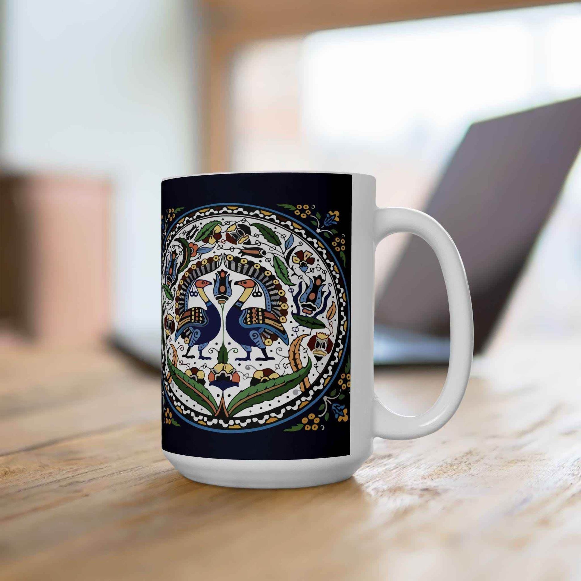 Armenian Ceramic Coffee Mug - Handcrafted Blue Peacock Design | Microwave Safe - timelessbohochic.com