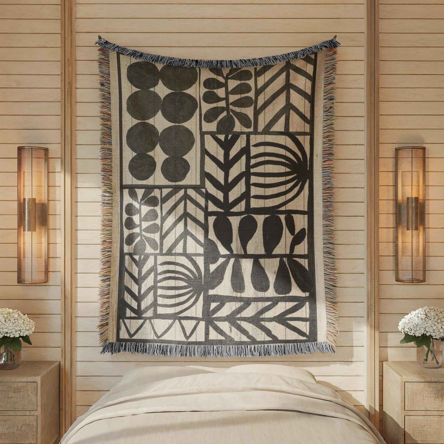 Modern Geometric woven wall tapestry with geometric pattern styled as textile wall decor