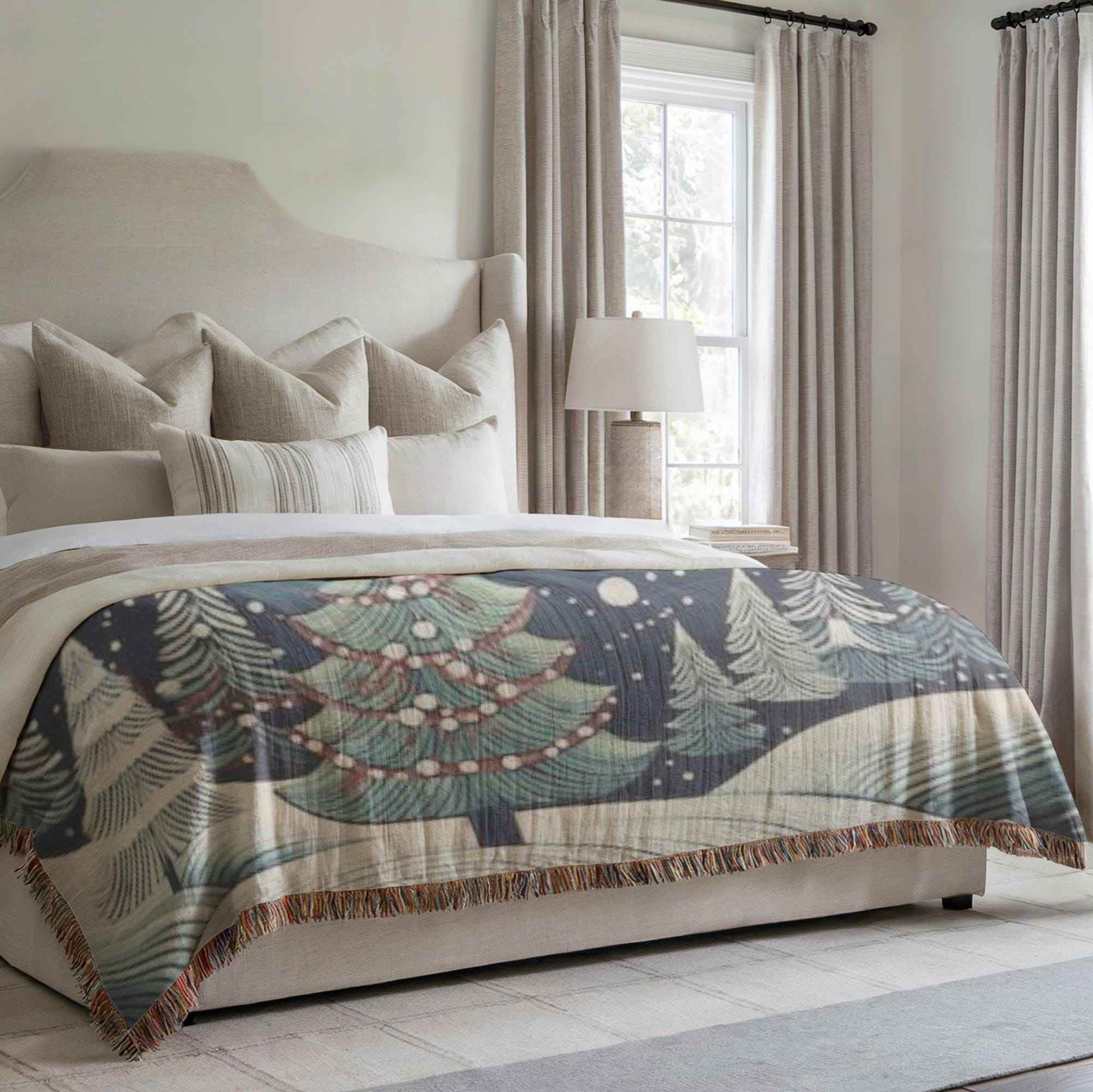 Festive Forest Blanket - Handwoven Cotton Throw With Christmas Tree Design | Cozy Winter Nights - timelessbohochic.com