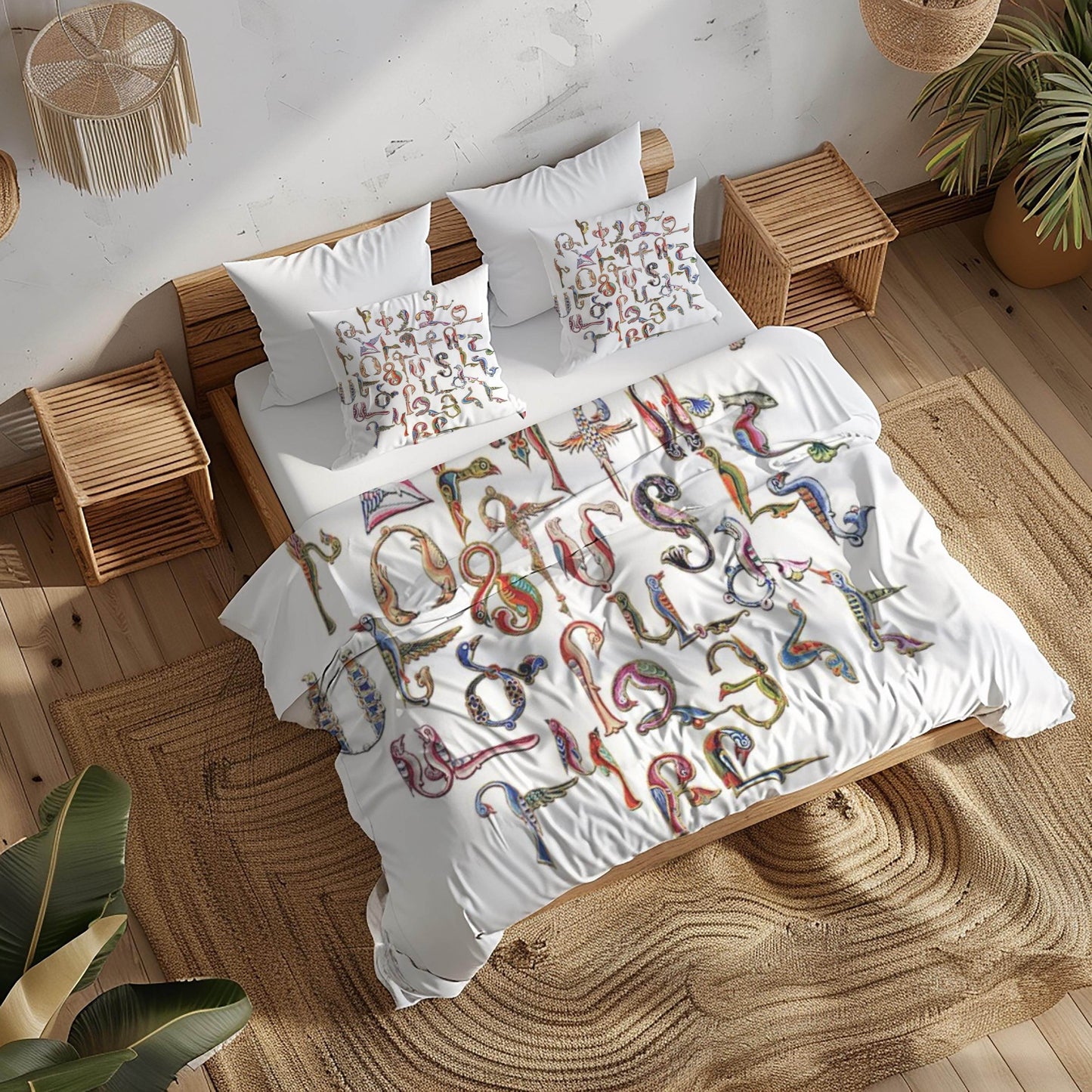 Armenian Alphabet Duvet Cover - Multicolor Bedding Set with Trchnagir Pattern & Zipper Closure - timelessbohochic.com