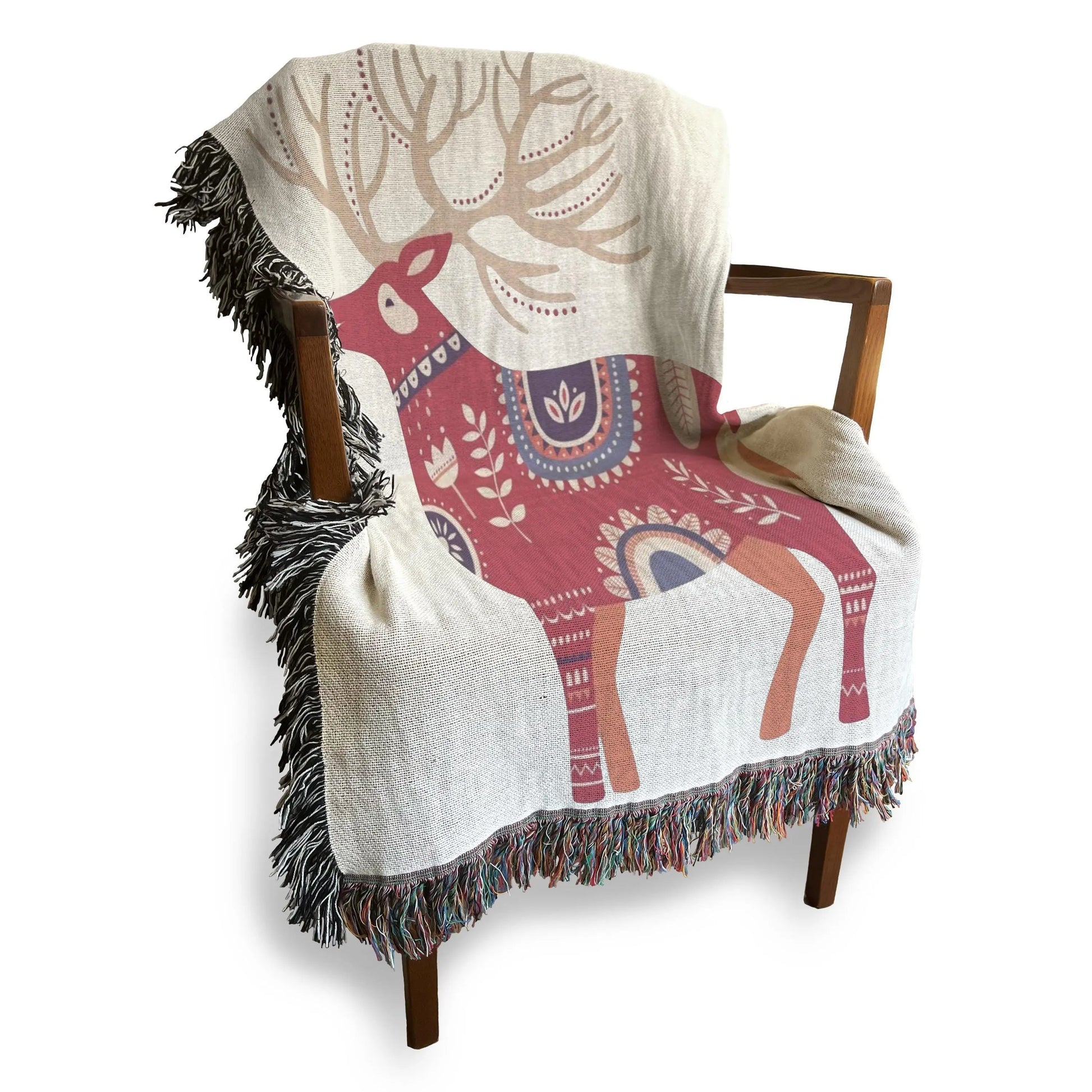 Dala Reindeer Blanket – Scandinavian Throw Woven Cotton Blanket for Cozy Nordic Bedspread