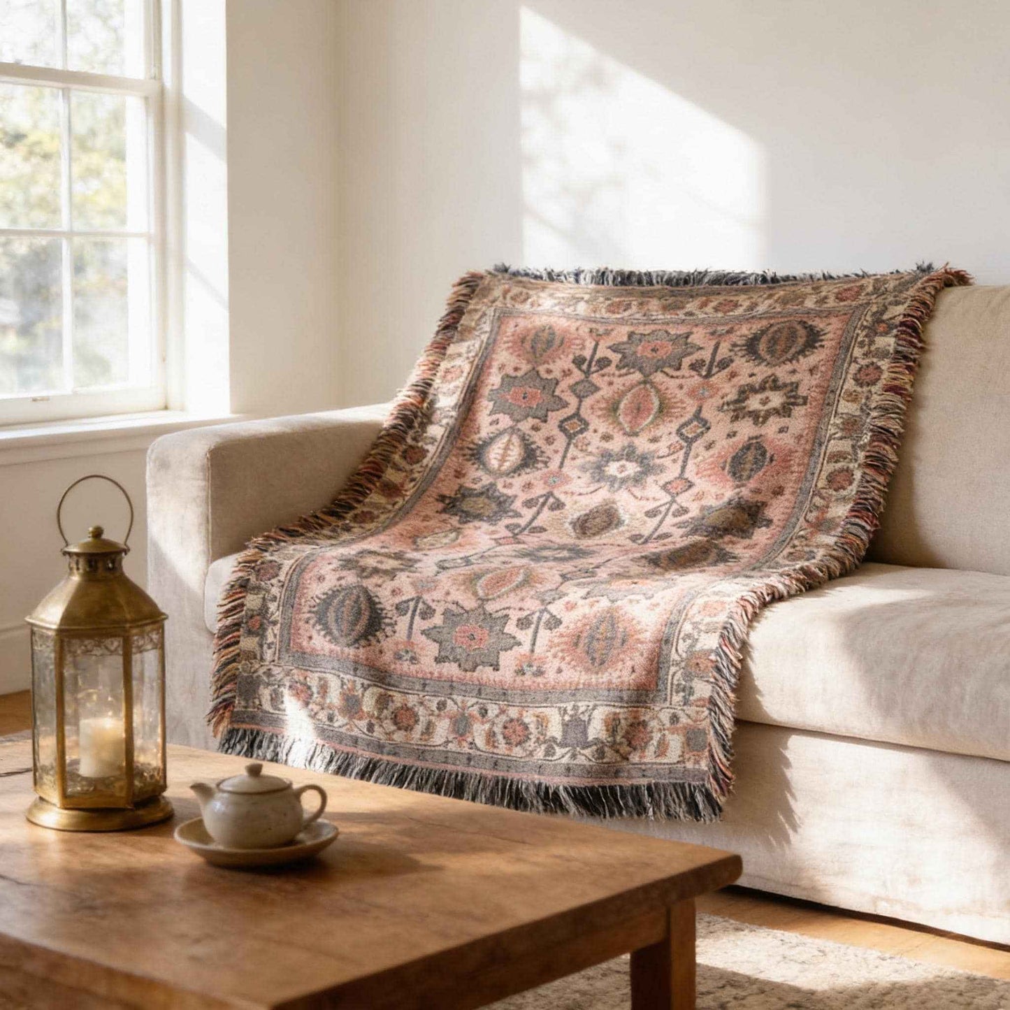 Caucasian Rug Inspired woven wall tapestry with geometric pattern styled as textile wall decor