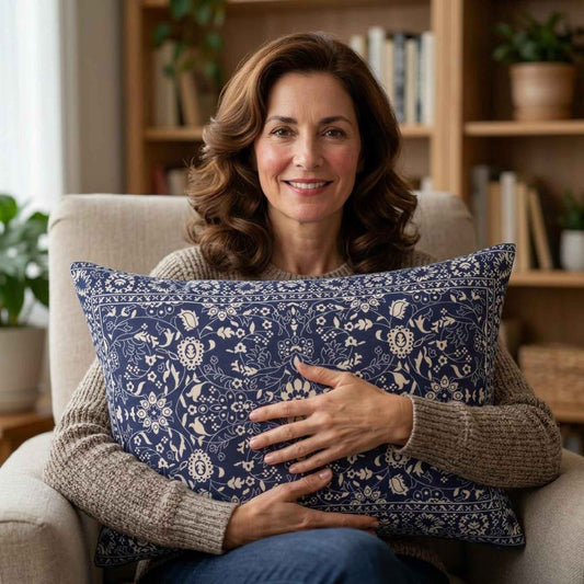 Caucasian Rug Inspired throw pillow with geometric pattern styled on a sofa or bed