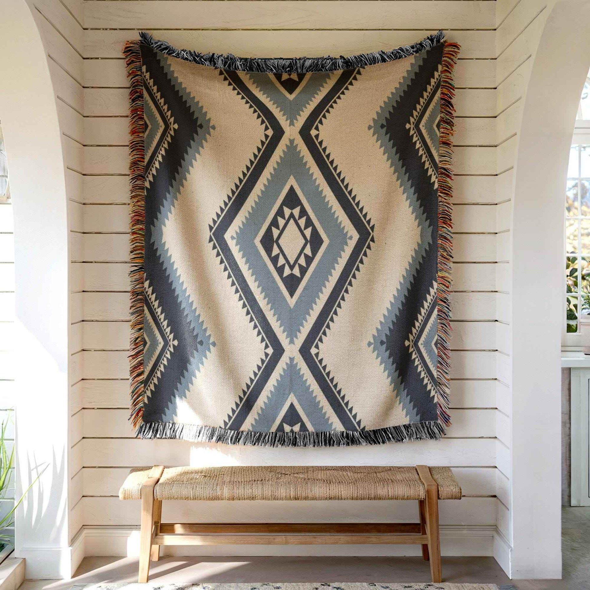 Tribal Woven Tapestry – Southwestern Wall Hanging With Colorful Fringed Edges - timelessbohochic.com