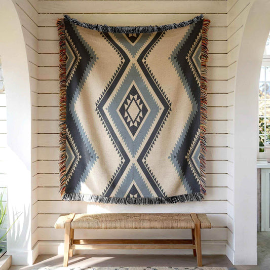 Tribal Woven Tapestry – Southwestern Wall Hanging With Colorful Fringed Edges - timelessbohochic.com