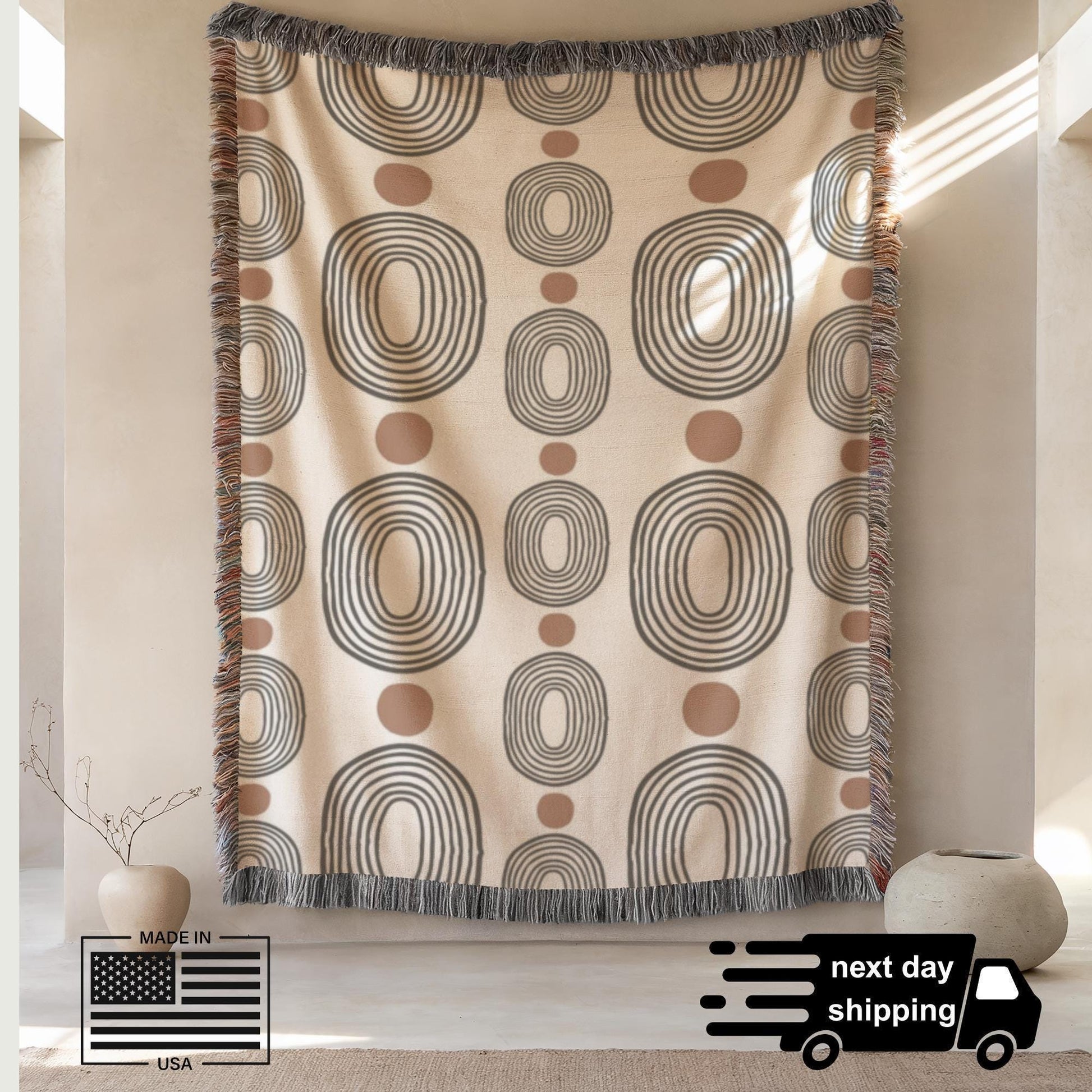 Modern Woven Blanket – Black Ovals Rust Dots | Mid Century Tapestry Throw