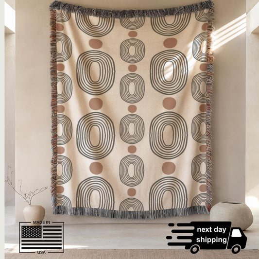 Modern Woven Blanket – Black Ovals Rust Dots | Mid Century Tapestry Throw