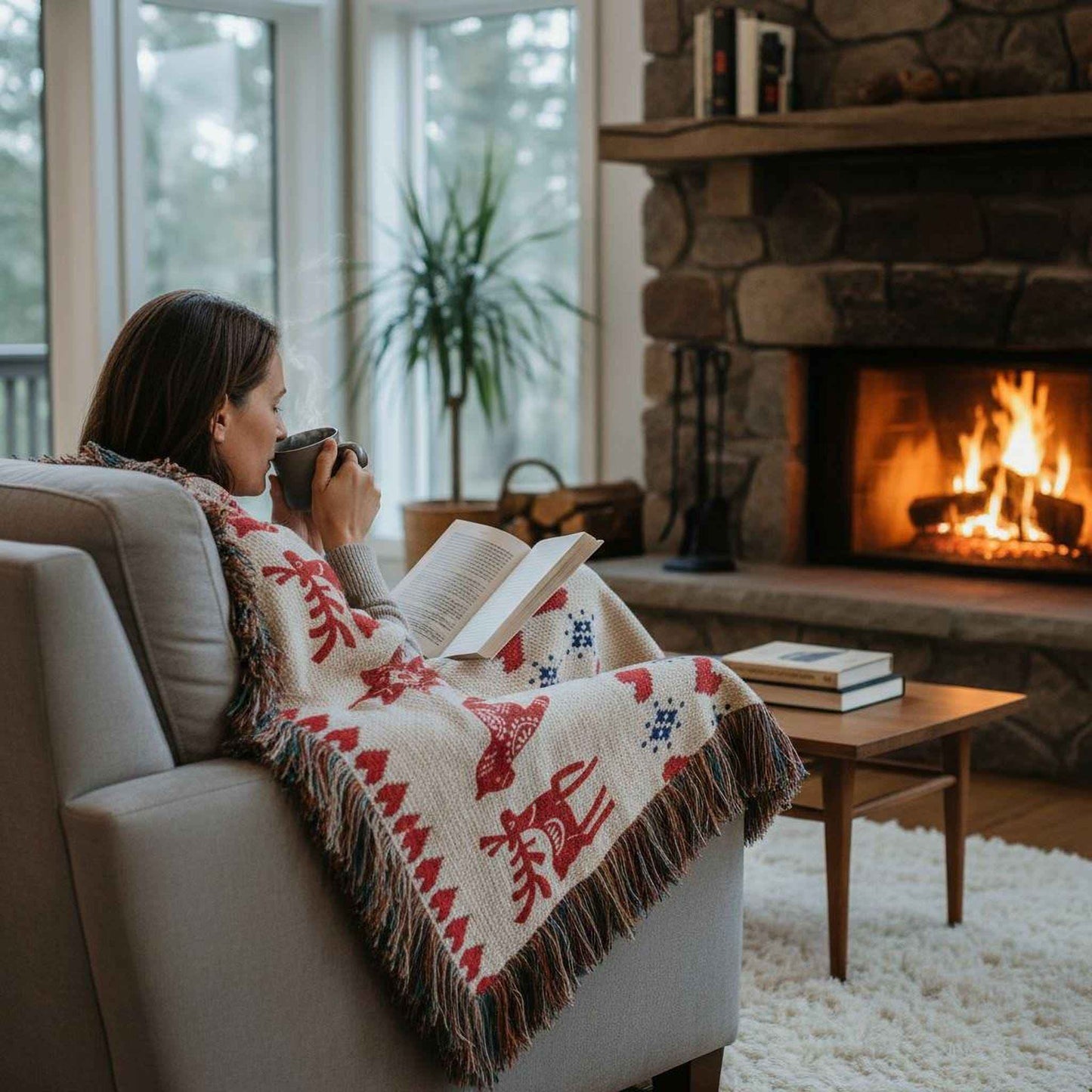 Scandinavian Inspired woven blanket with rug-style pattern styled for layered home decor