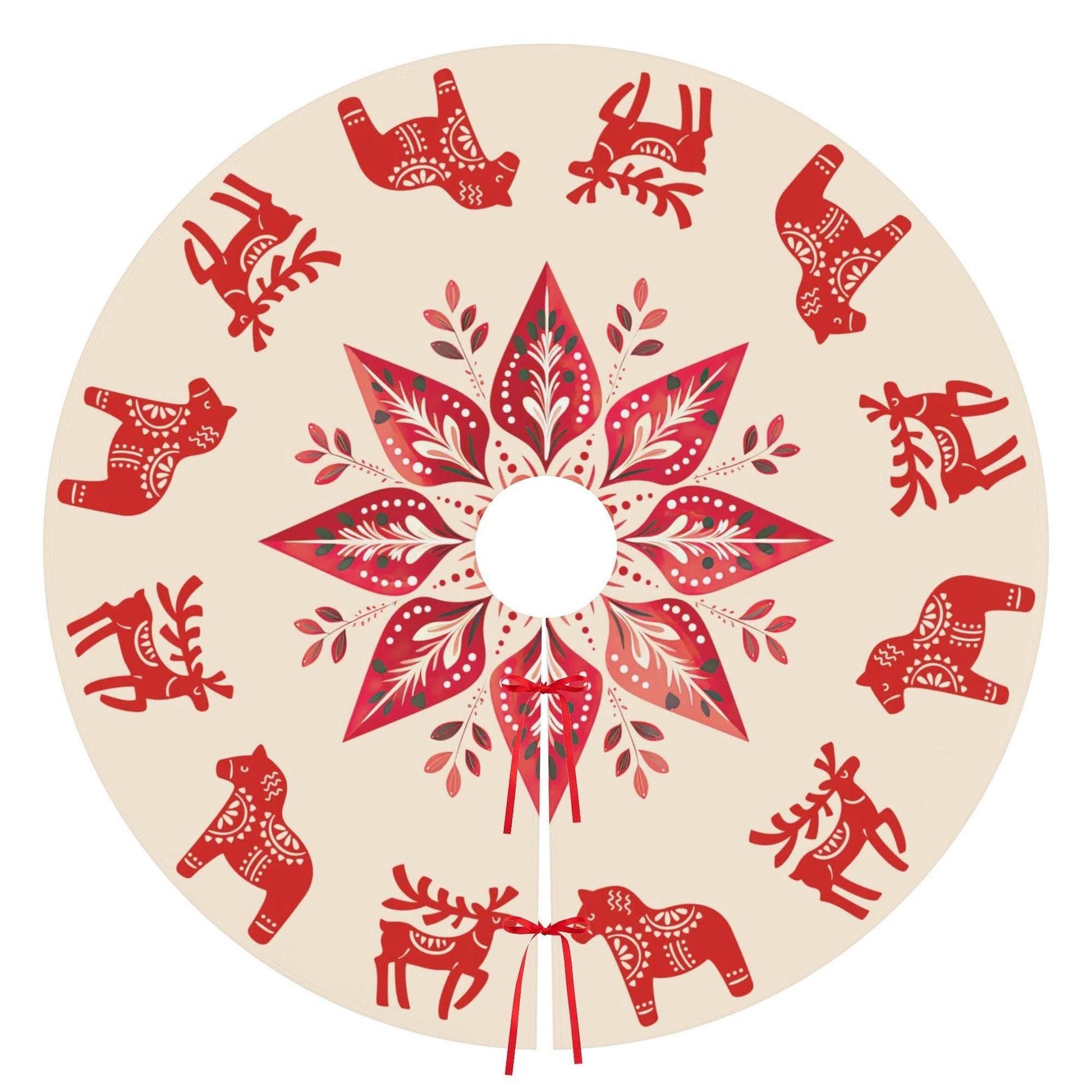 Nordic Christmas Tree Skirt - Scandinavian Holiday Decor With Dala Horse & Reindeer