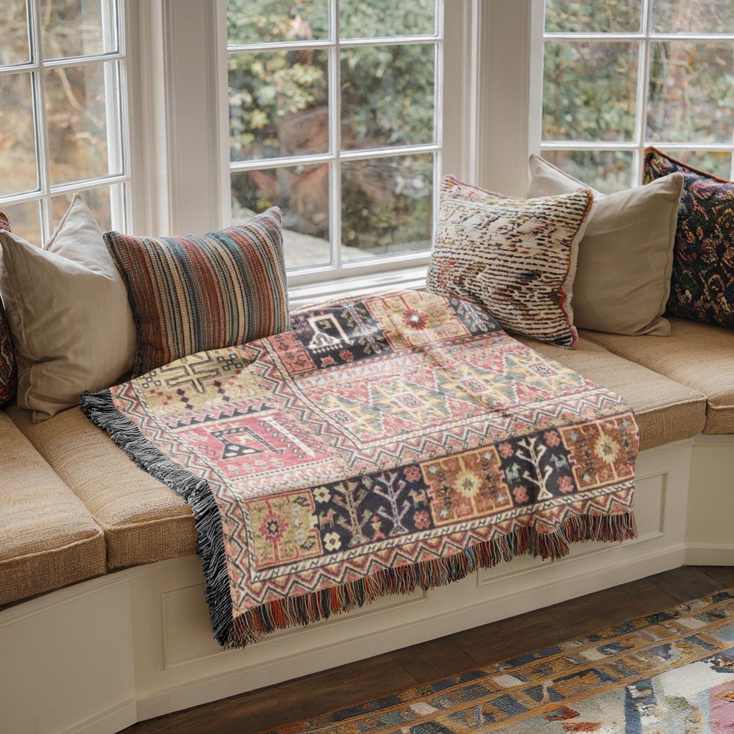Caucasian Rug Inspired woven blanket with geometric pattern styled for layered home decor