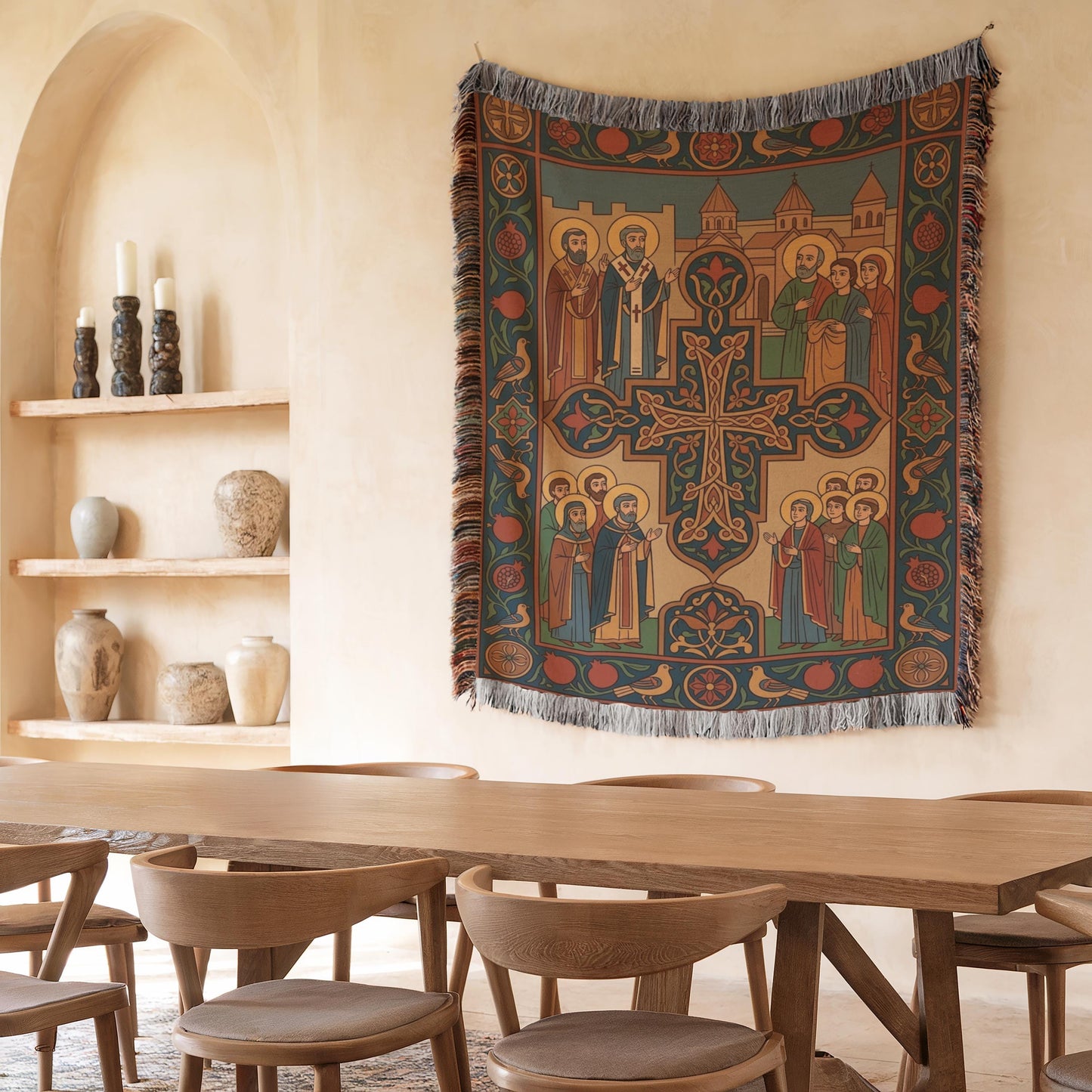 Biblical wall hanging over a dining nook, woven blanket feel, ornate Armenian cross and church imagery in warm hues