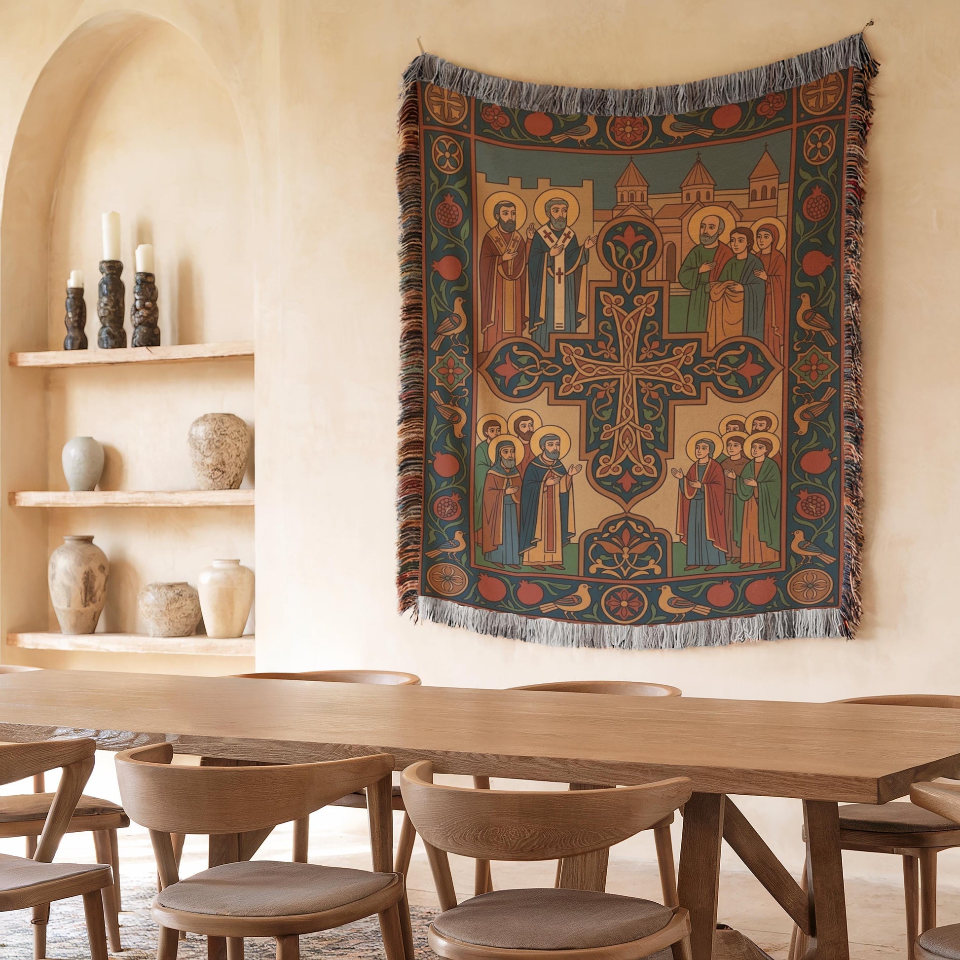 Biblical wall hanging over a dining nook, woven blanket feel, ornate Armenian cross and church imagery in warm hues