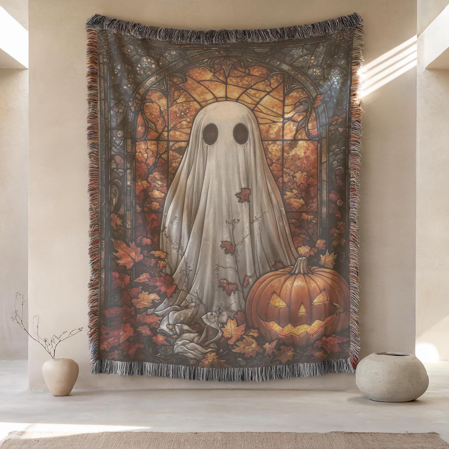 Halloween Ghost Tapestry - Stained Glass Pumpkin Wall Art | Cozy Cotton Throw