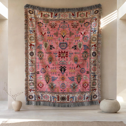 Pink Throw Blanket - Boho Wall Art Woven Turkish Rug Decor with Colorful Fringe