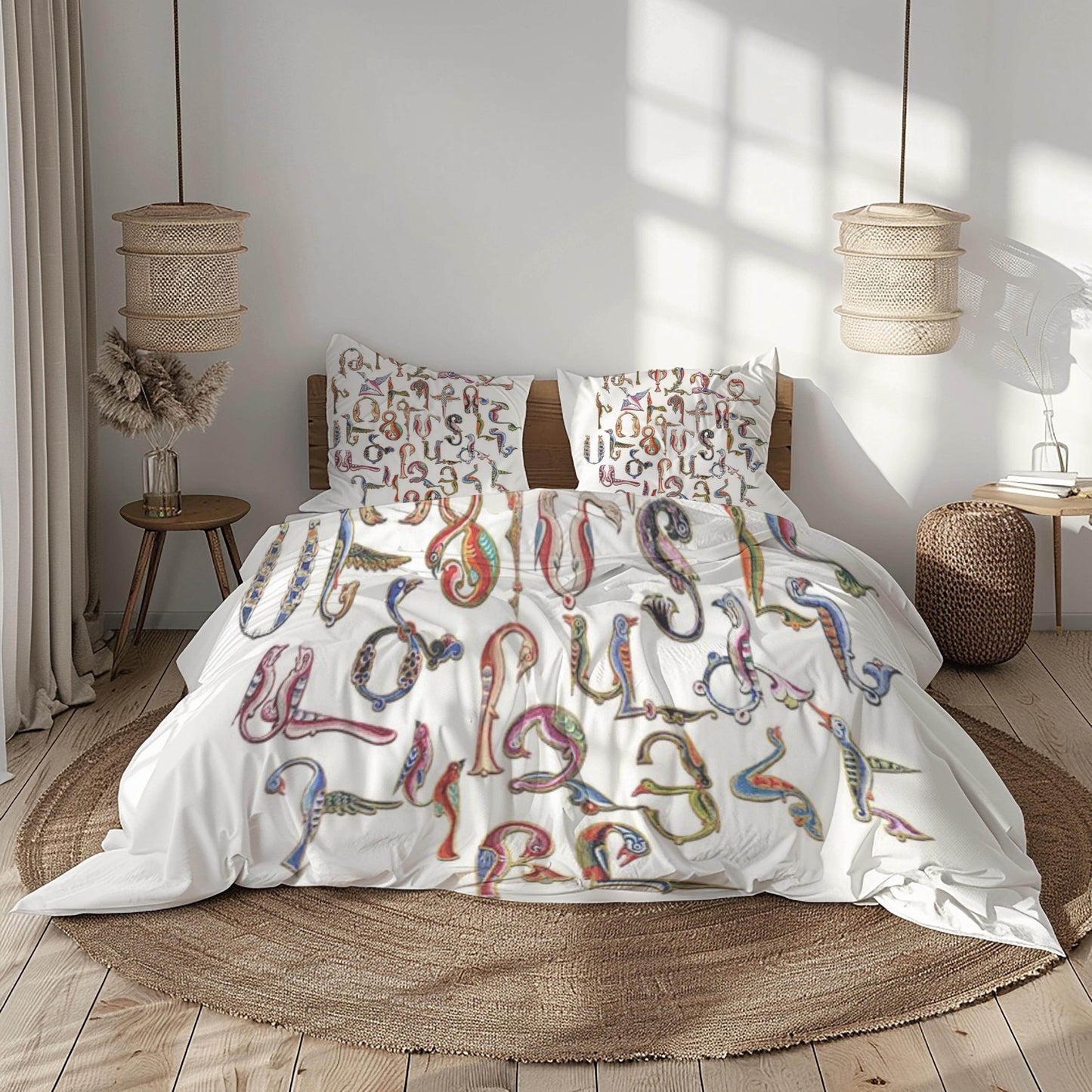 Armenian Alphabet Duvet Cover - Multicolor Bedding Set with Trchnagir Pattern & Zipper Closure - timelessbohochic.com