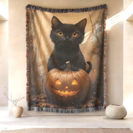 Halloween Woven Tapestry - Cozy Cotton Throw With Cat Pumpkin Design & Fringed Edges
