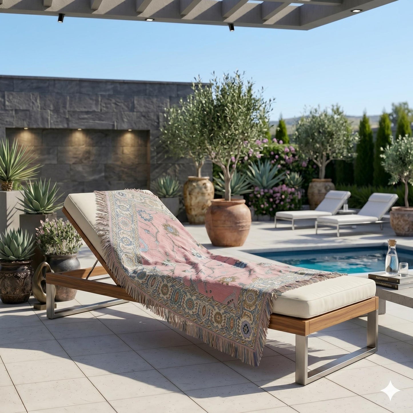 Anatolian Inspired outdoor woven throw blanket with rug-style pattern for patio styling