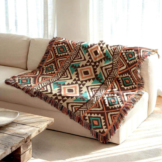 Navajo Blanket - Cozy Southwestern Throw With Geometric Pattern & Fringed Edge - timelessbohochic.com