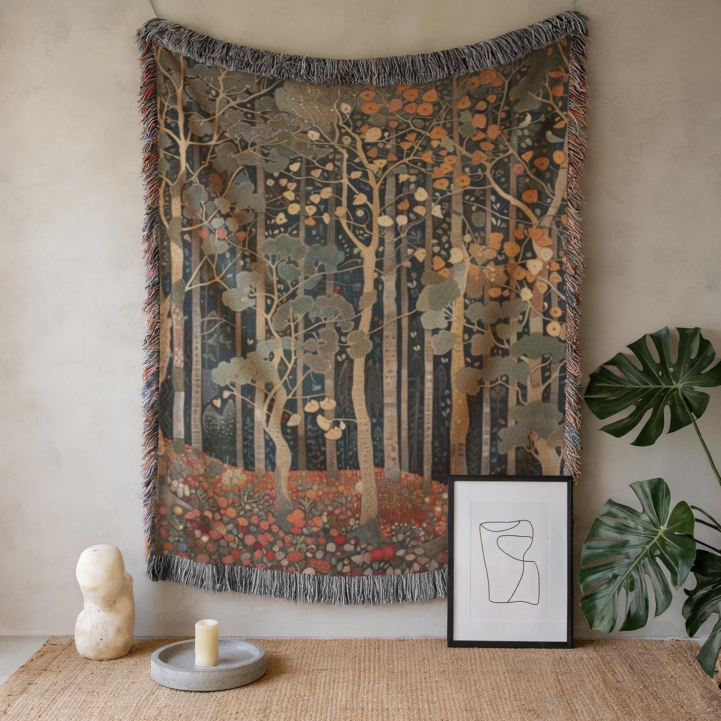 Scandinavian Inspired woven wall tapestry with rug-style pattern styled as textile wall decor