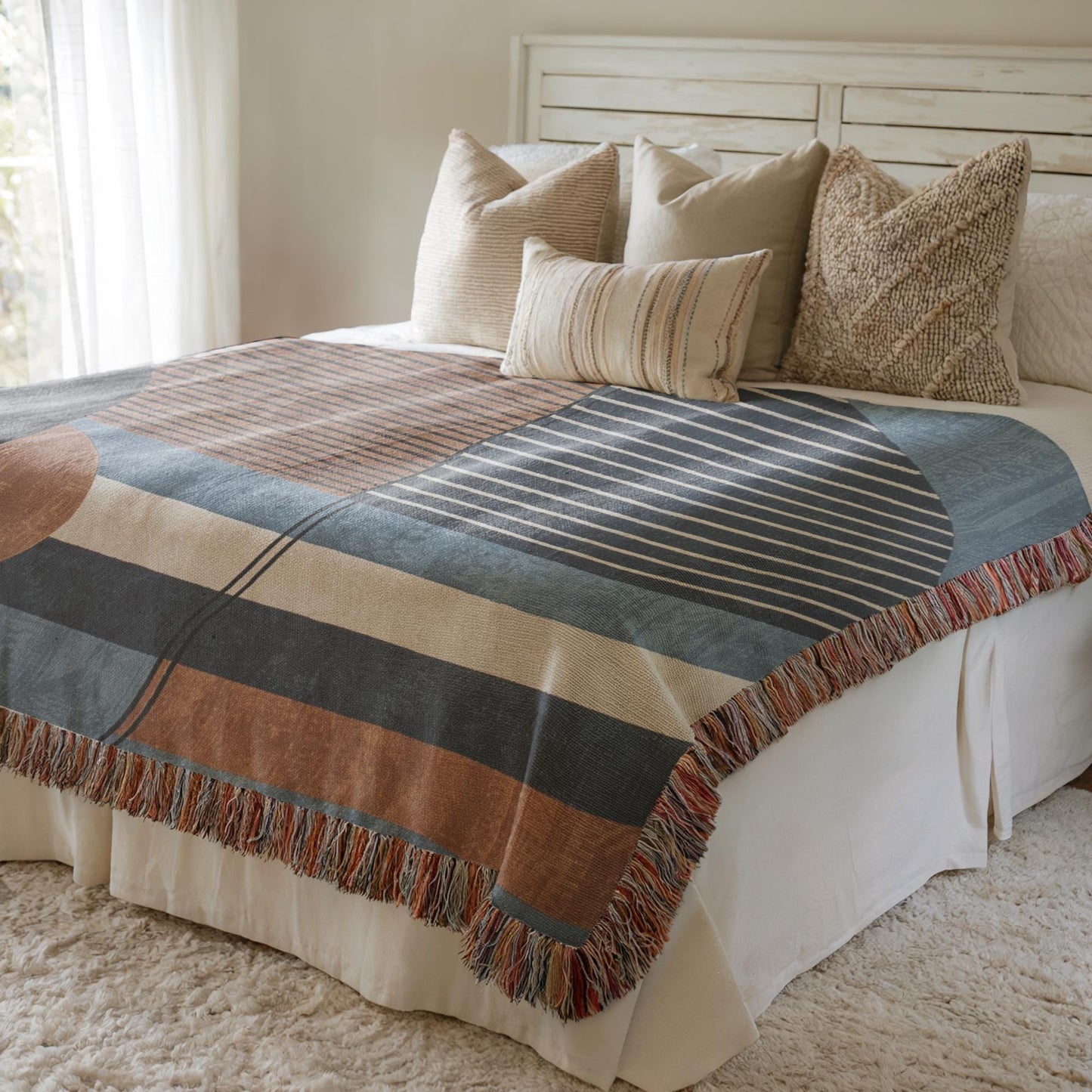 Modern Geometric woven blanket with geometric pattern styled for layered home decor