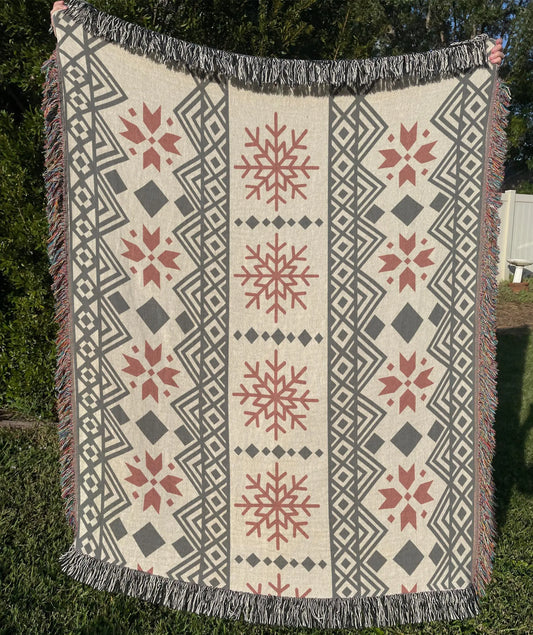 Scandi Woven Blanket – Cotton Throw Blanket with Snowflake Pattern, Cozy Winter Throw