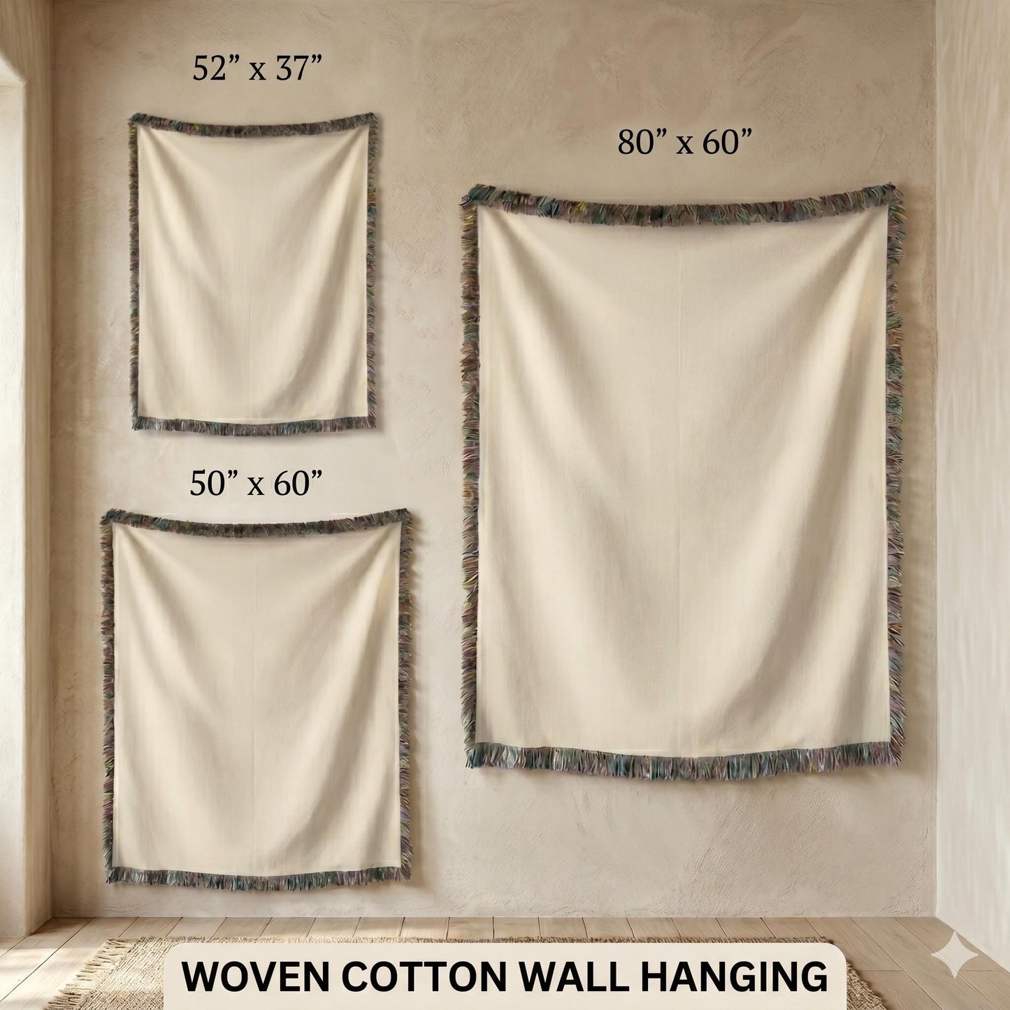 Moroccan Inspired woven wall tapestry with rug-style pattern styled as textile wall decor