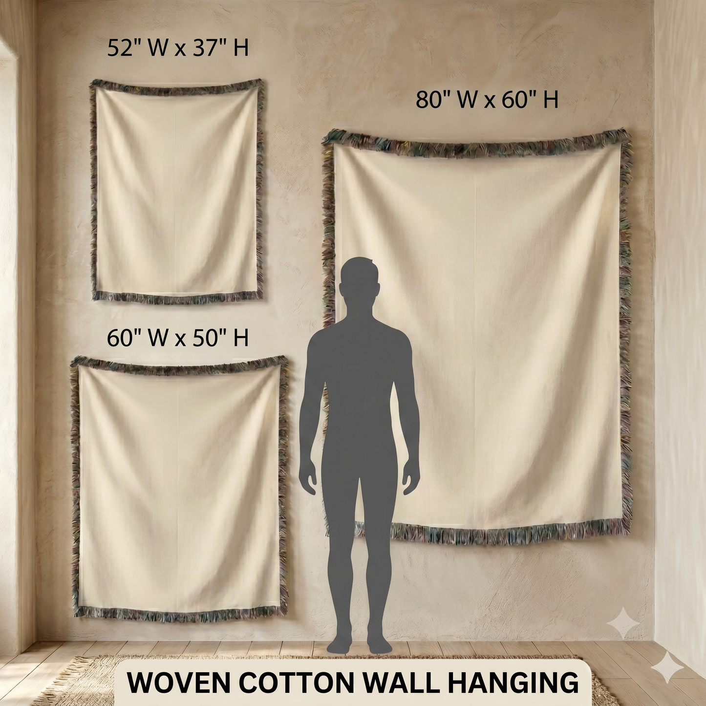 Size comparison: three woven wall hanging sizes shown together