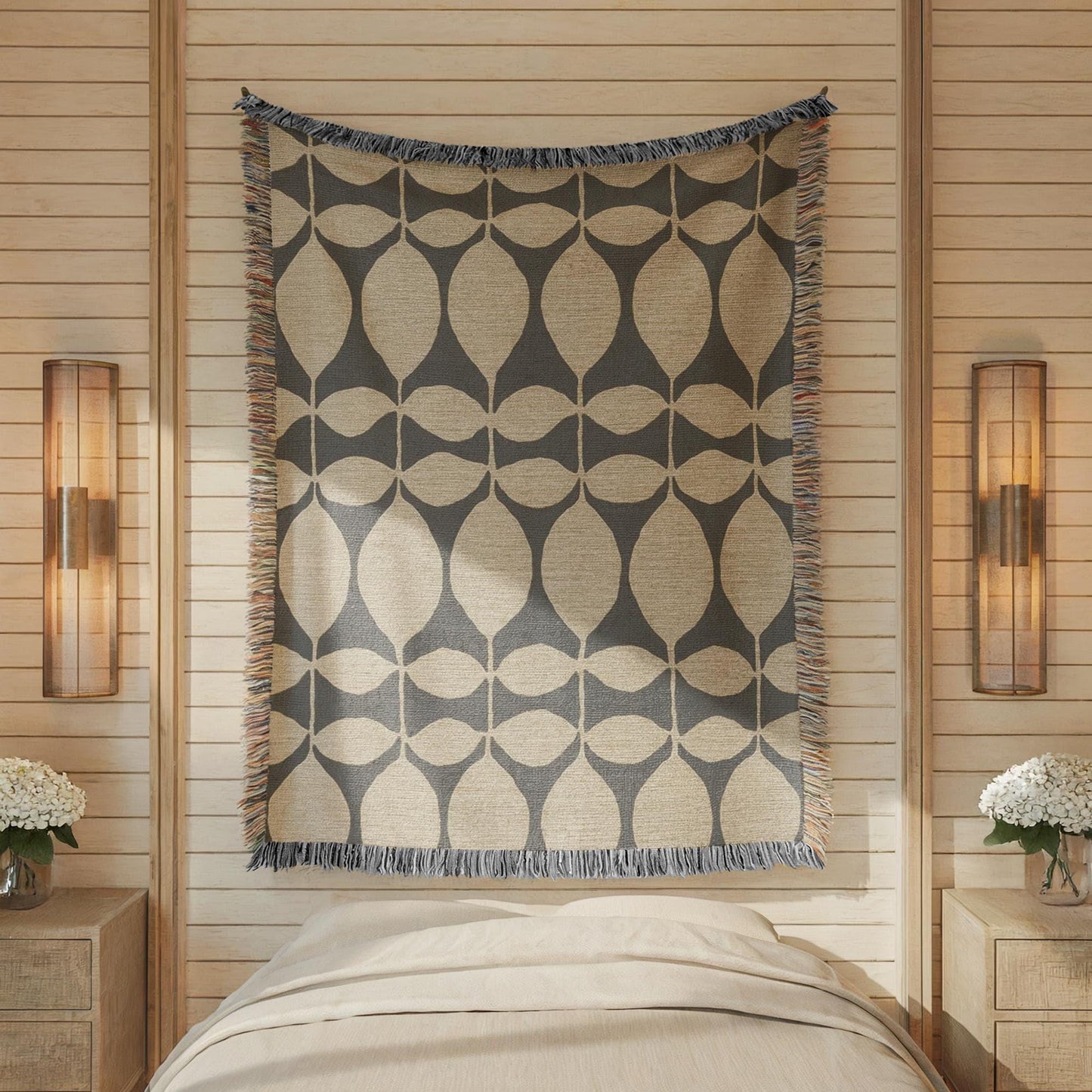 Modern Geometric woven blanket with geometric pattern styled for layered home decor